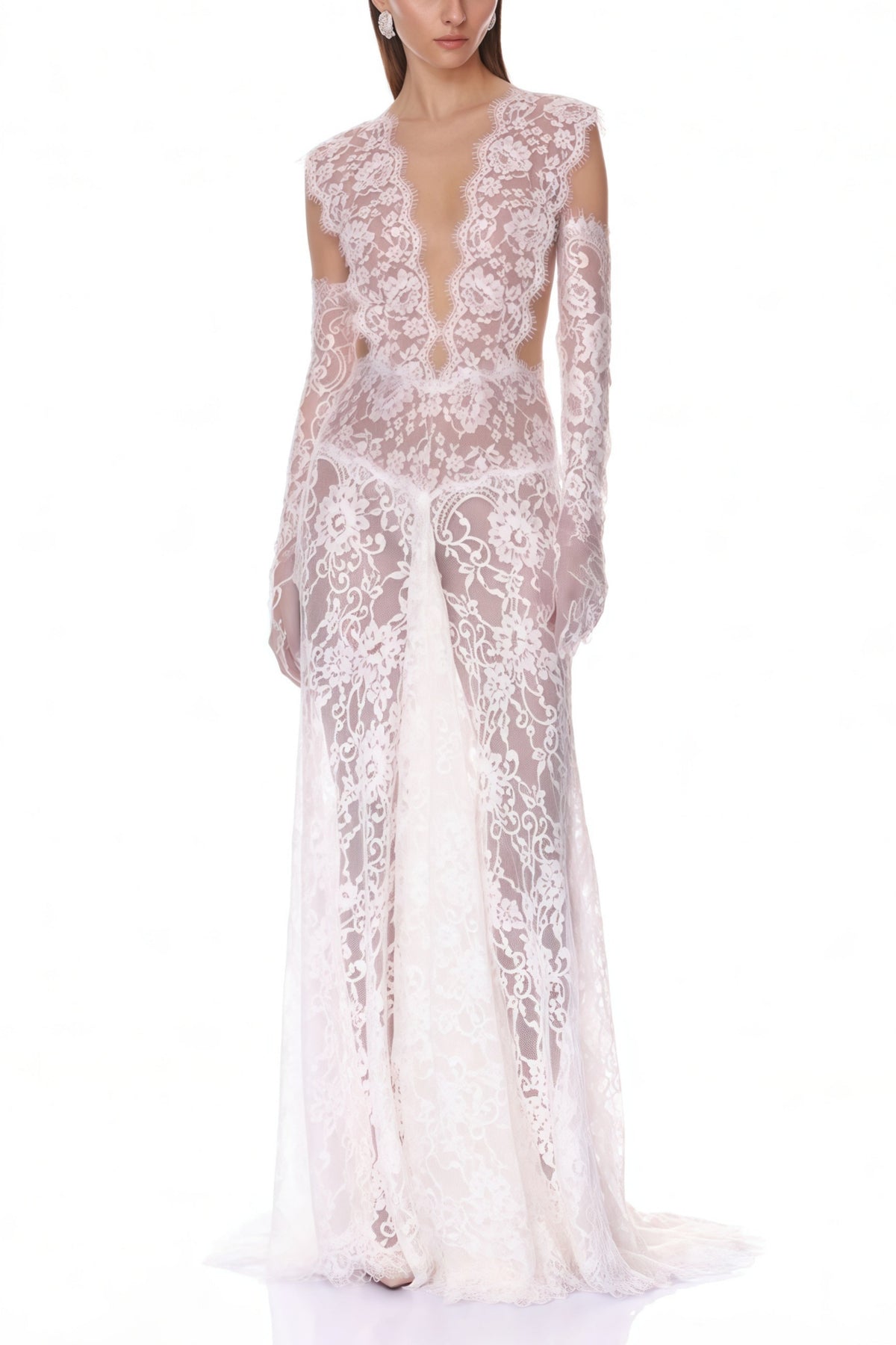 Hanna White Sheer Lace Maxi Dress with Deep V-Neck