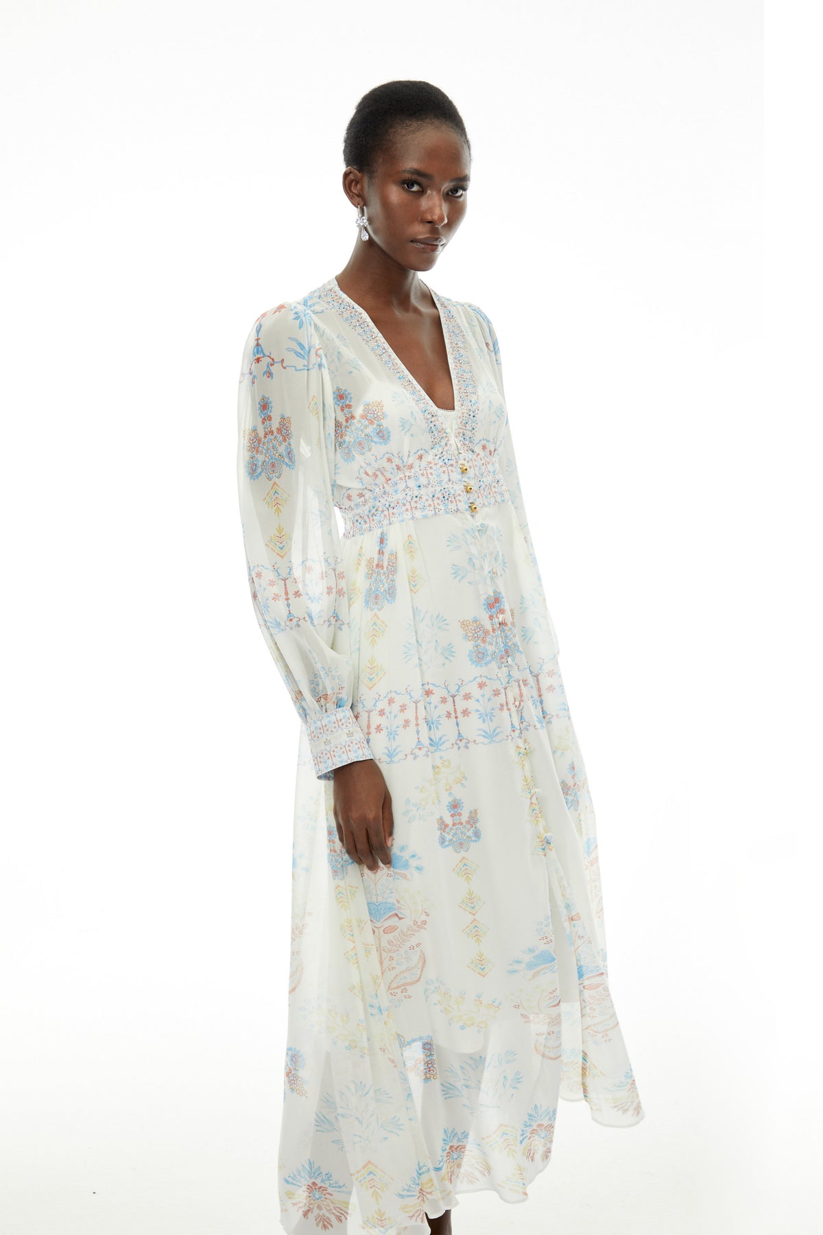 Hannah White Floral Print Chiffon Maxi Dress