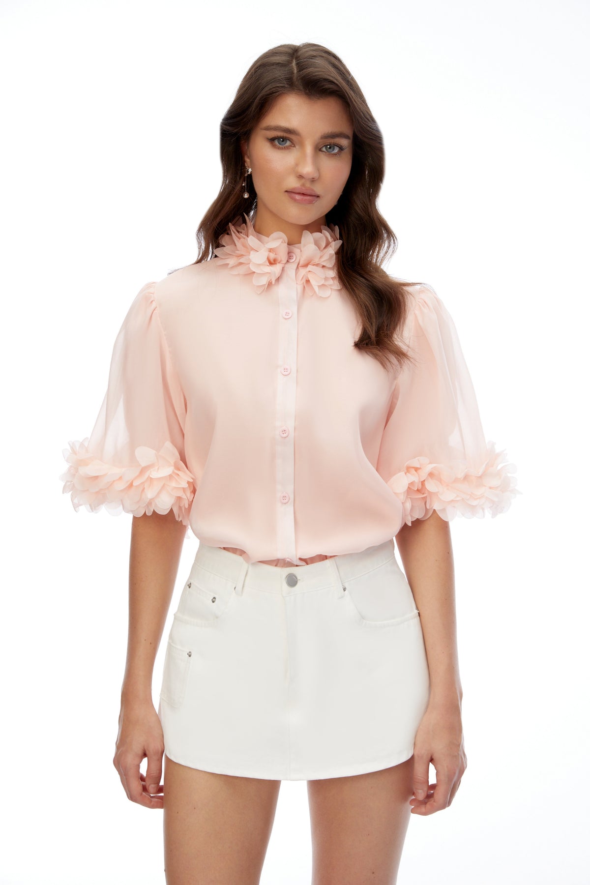 Hattie Pink Short Sleeve Blouse with 3D Florals