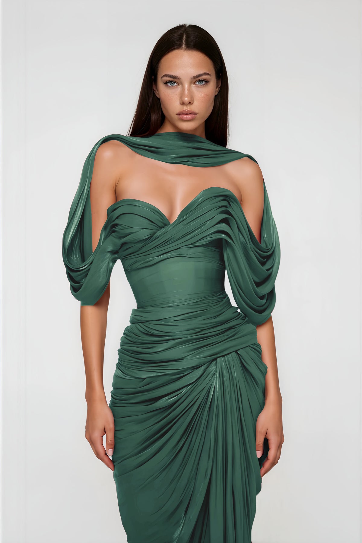 Hazel Green Asymmetrical Draped Maxi Dress