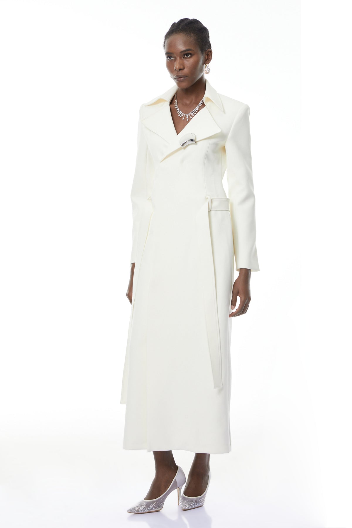 Hazel White Embellished Long Coat