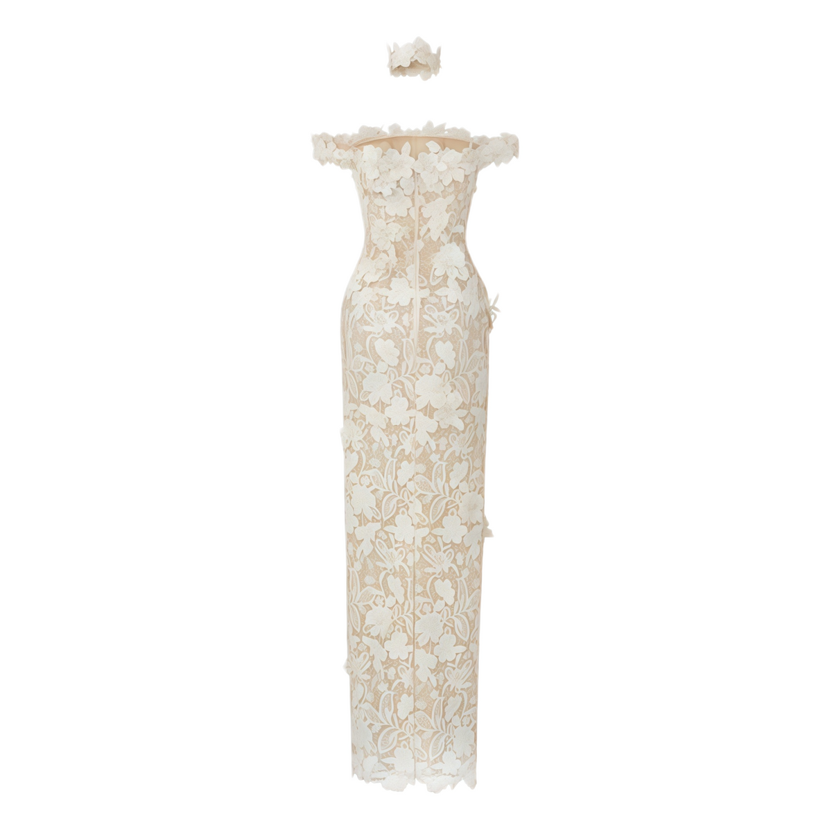 Hecate White Beaded Lace Maxi Dress with 3D Florals