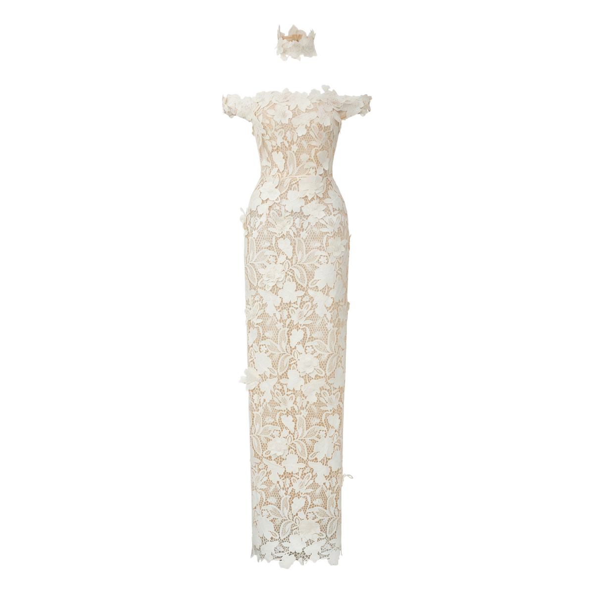 Hecate White Beaded Lace Maxi Dress with 3D Florals