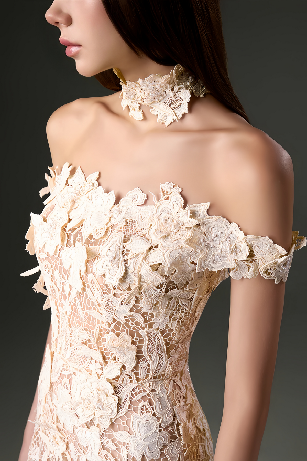 Hecate White Beaded Lace Maxi Dress with 3D Florals