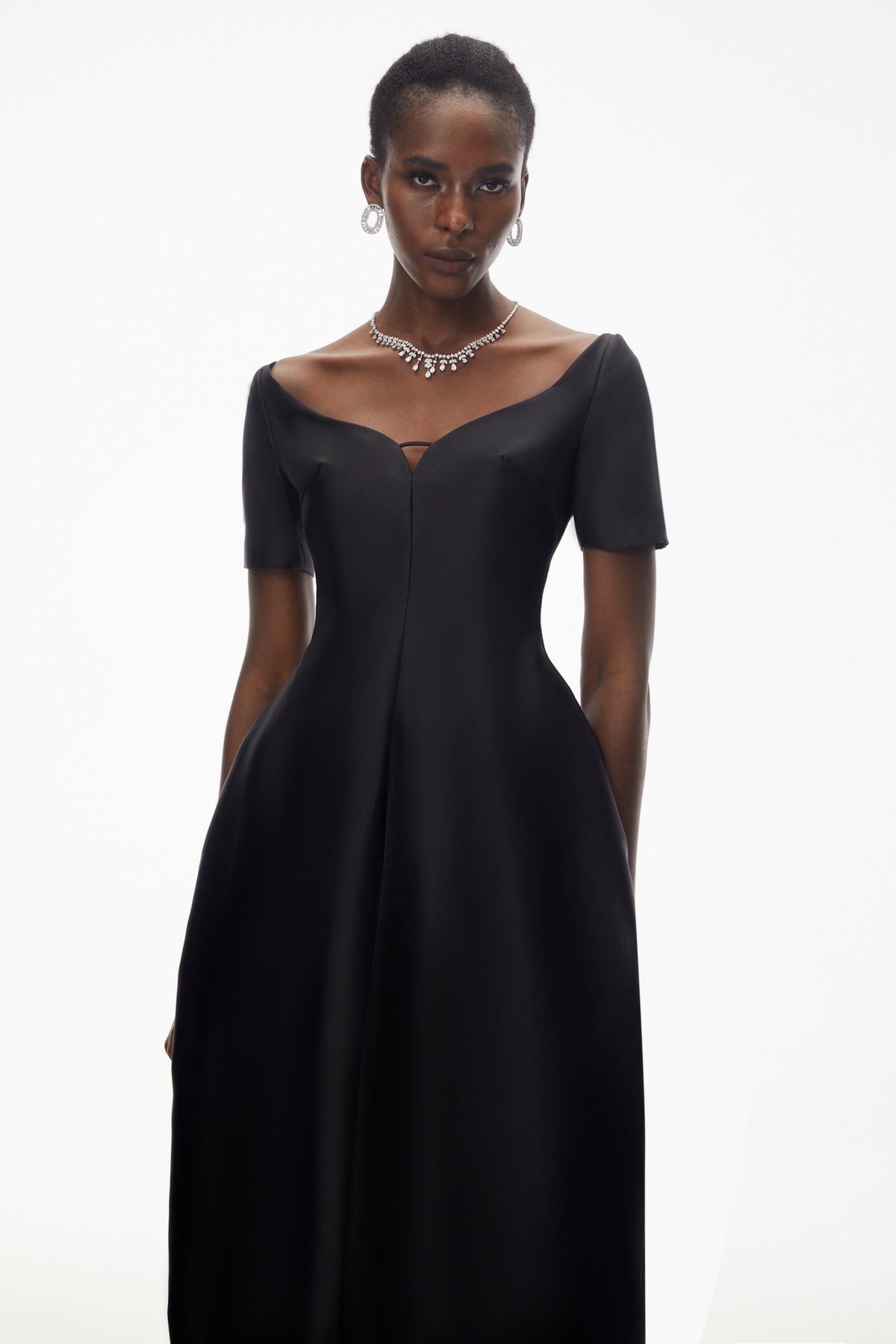 Heidi Black Plunge Neck Asymmetrical Midi Dress