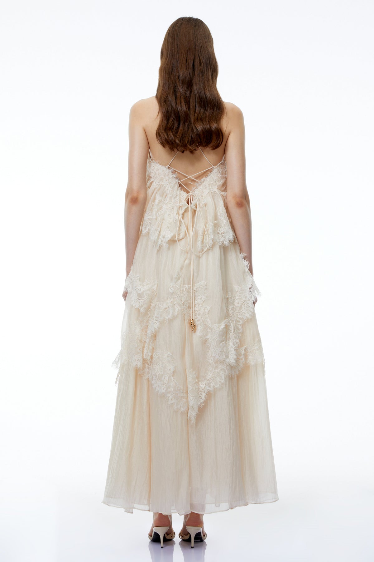 Rhema Cream White Tiered Maxi Dress with Lace Trim