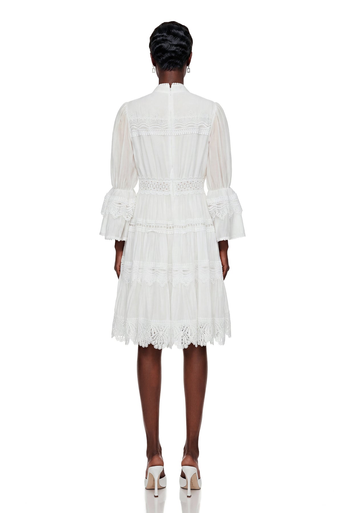 Hespera White Ruffled Floral Lace Mini Dress