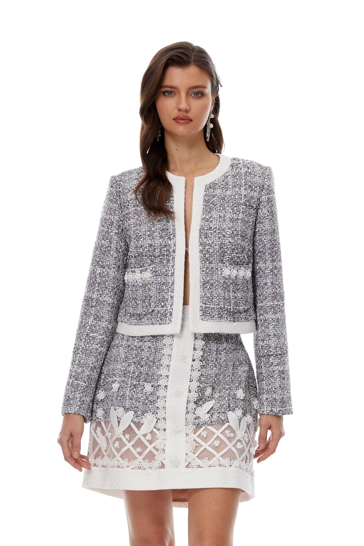 Hildegard Grey Tweed Jacket & Skirt Set with 3D Petals
