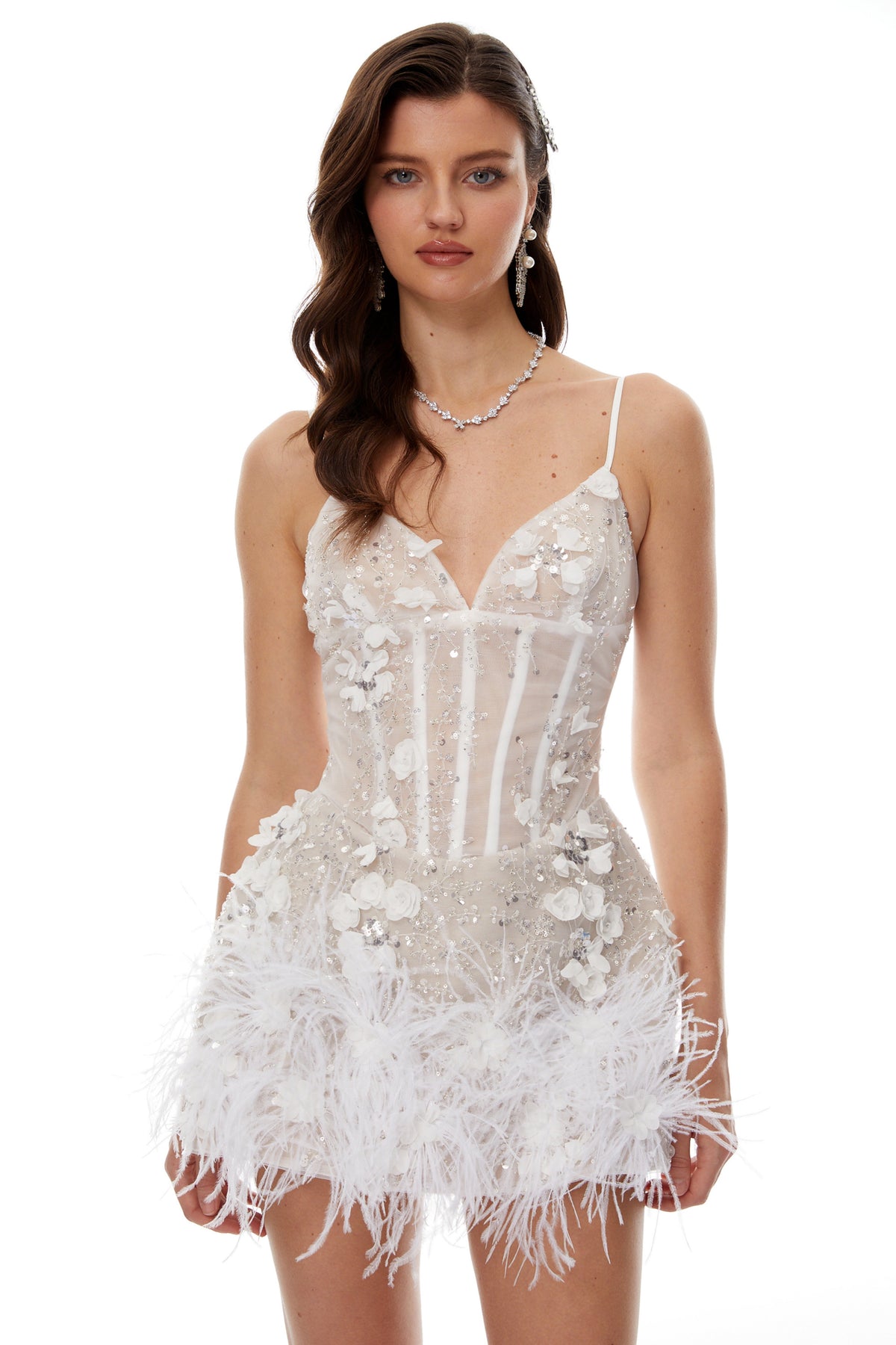 Hildegard White 3D Petal Mini Dress with Feather Trim