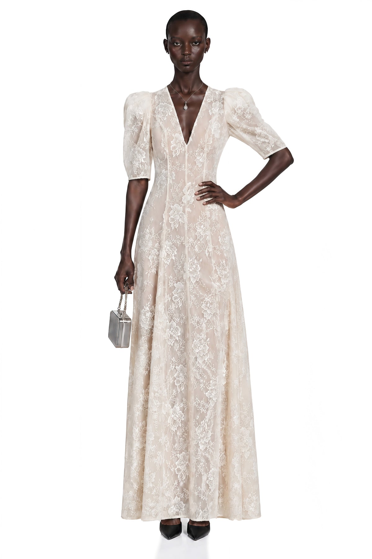 Hinekawa White V-Neck Lace Maxi Dress