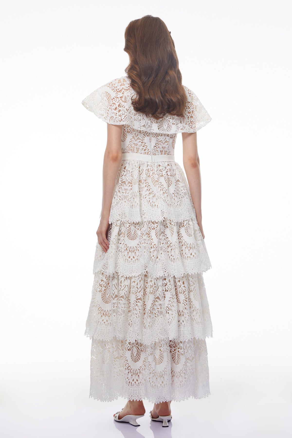 Homa White Tiered Lace Maxi Dress with Cape