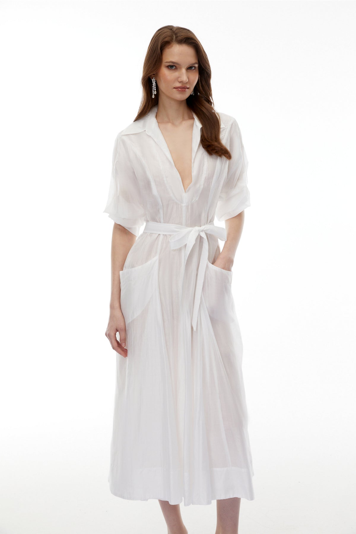 Hortensia White Plunge Neck Flared Maxi Dress