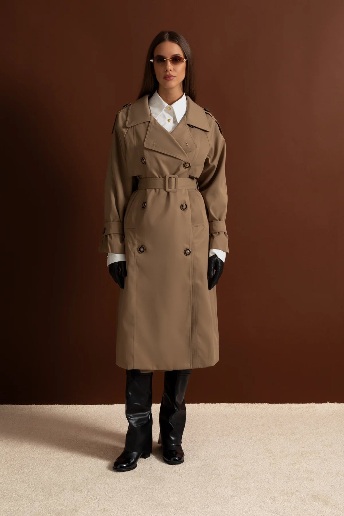 Double-Breasted Mid-Cut Trench Coat With Belted Waist – Khaki