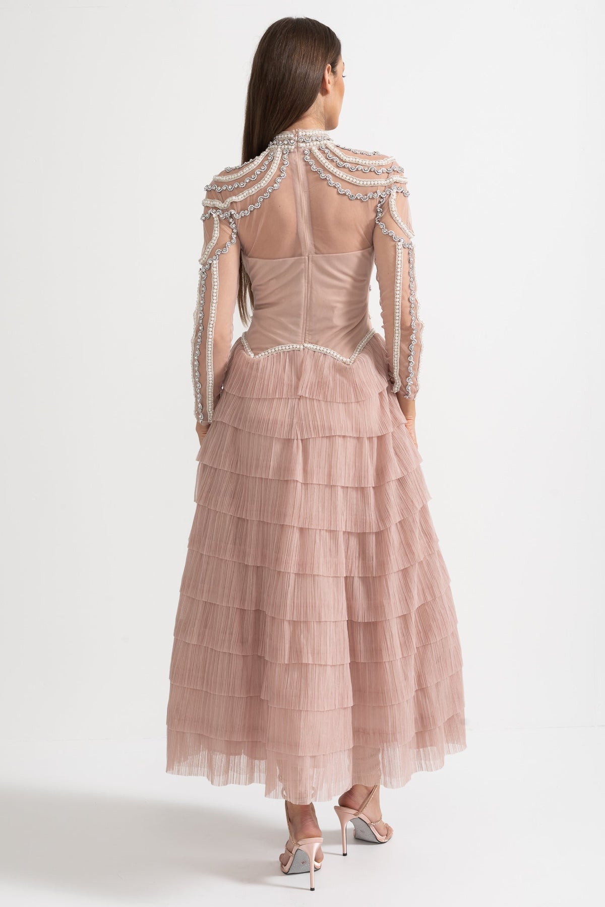 Elegant Long Sleeved Dress With Layered Ruffled Skirt And Intricate Sparkling Embellishments - Pink