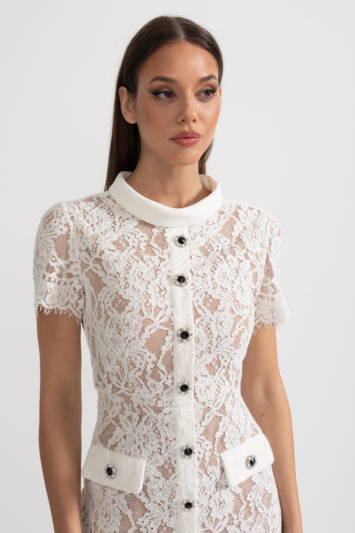 Elegant Short Sleeve Lace Dress With Matching Waist Belt - White