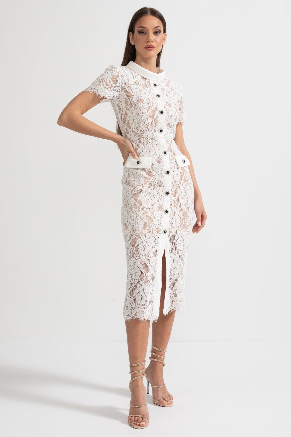 Elegant Short Sleeve Lace Dress With Matching Waist Belt - White