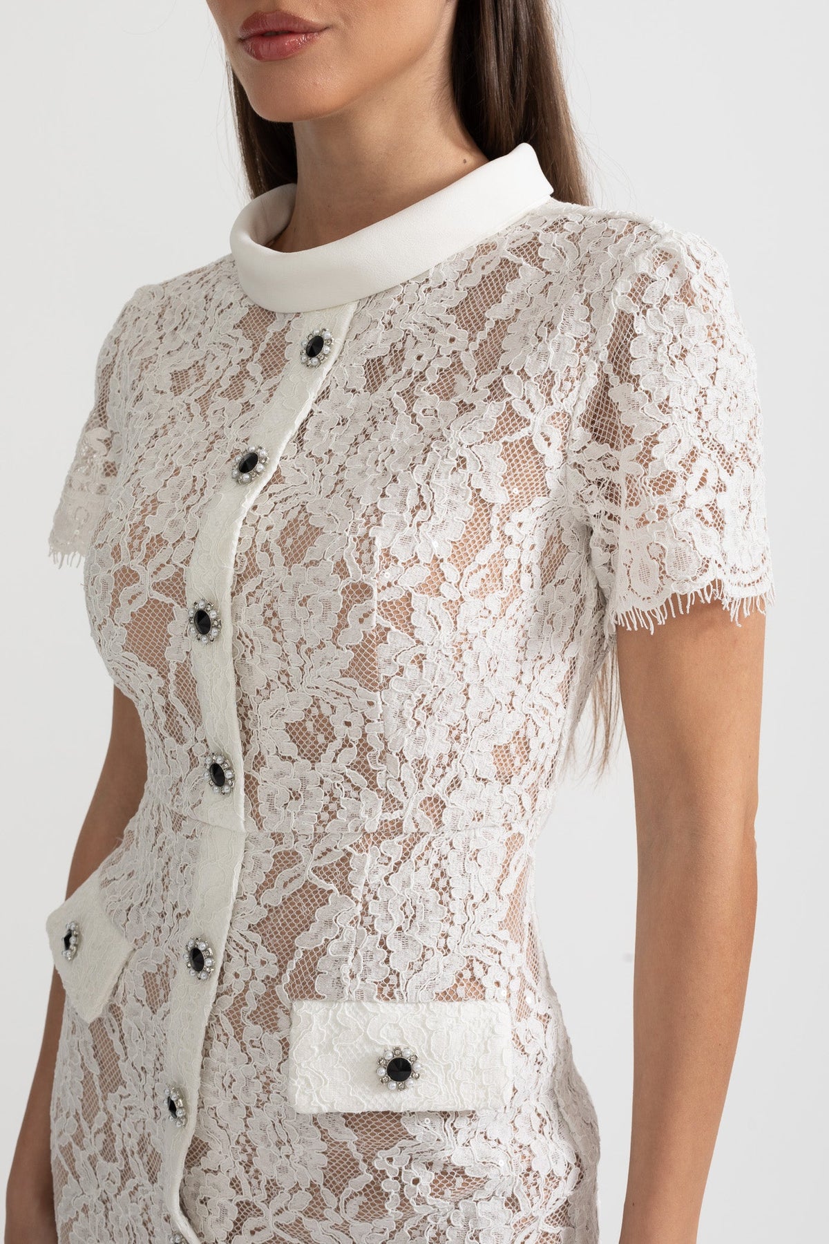 Elegant Short Sleeve Lace Dress With Matching Waist Belt - White