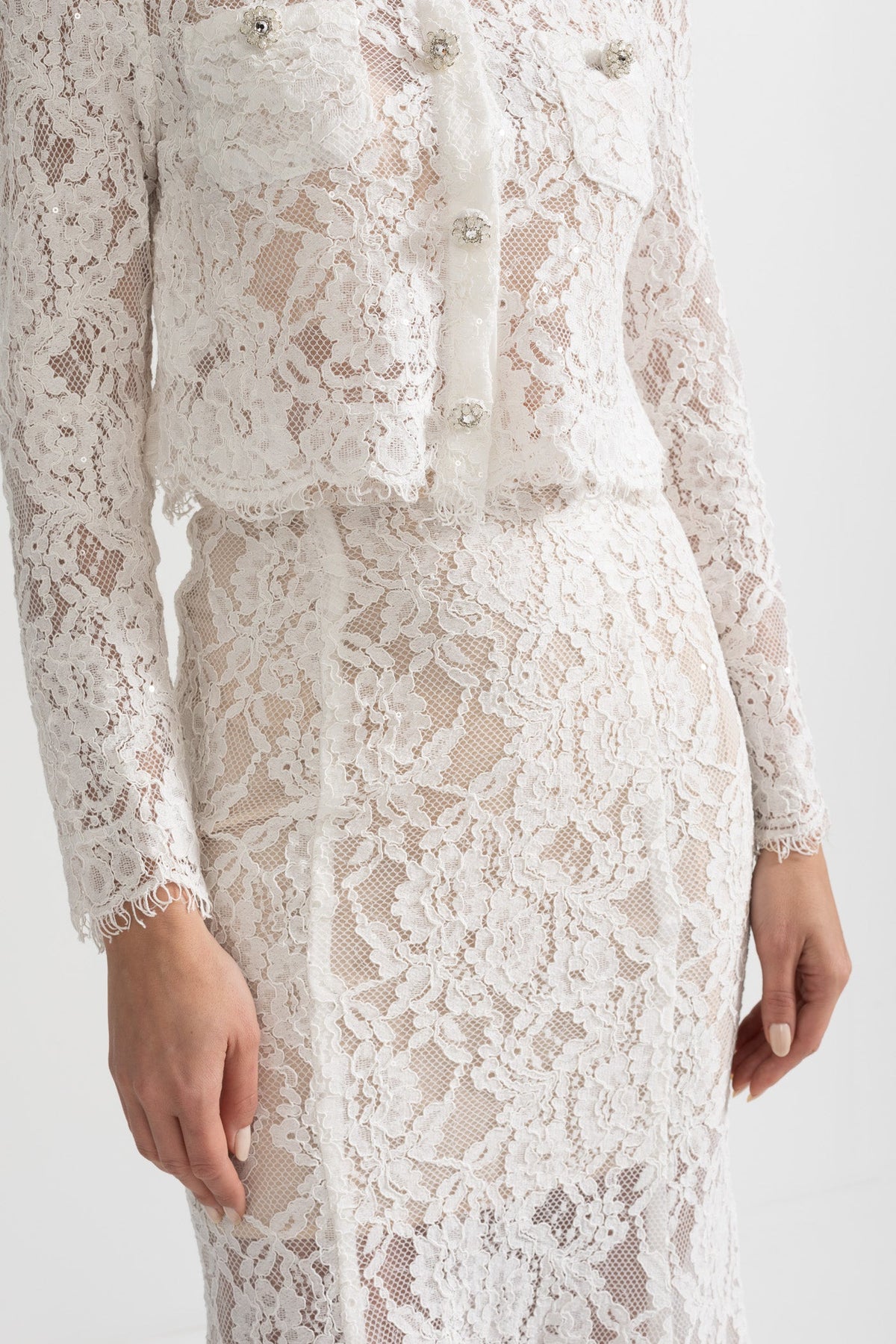 Lace Co-Ord With Sparkling Neckline Embellishments And Midi Skirt - White