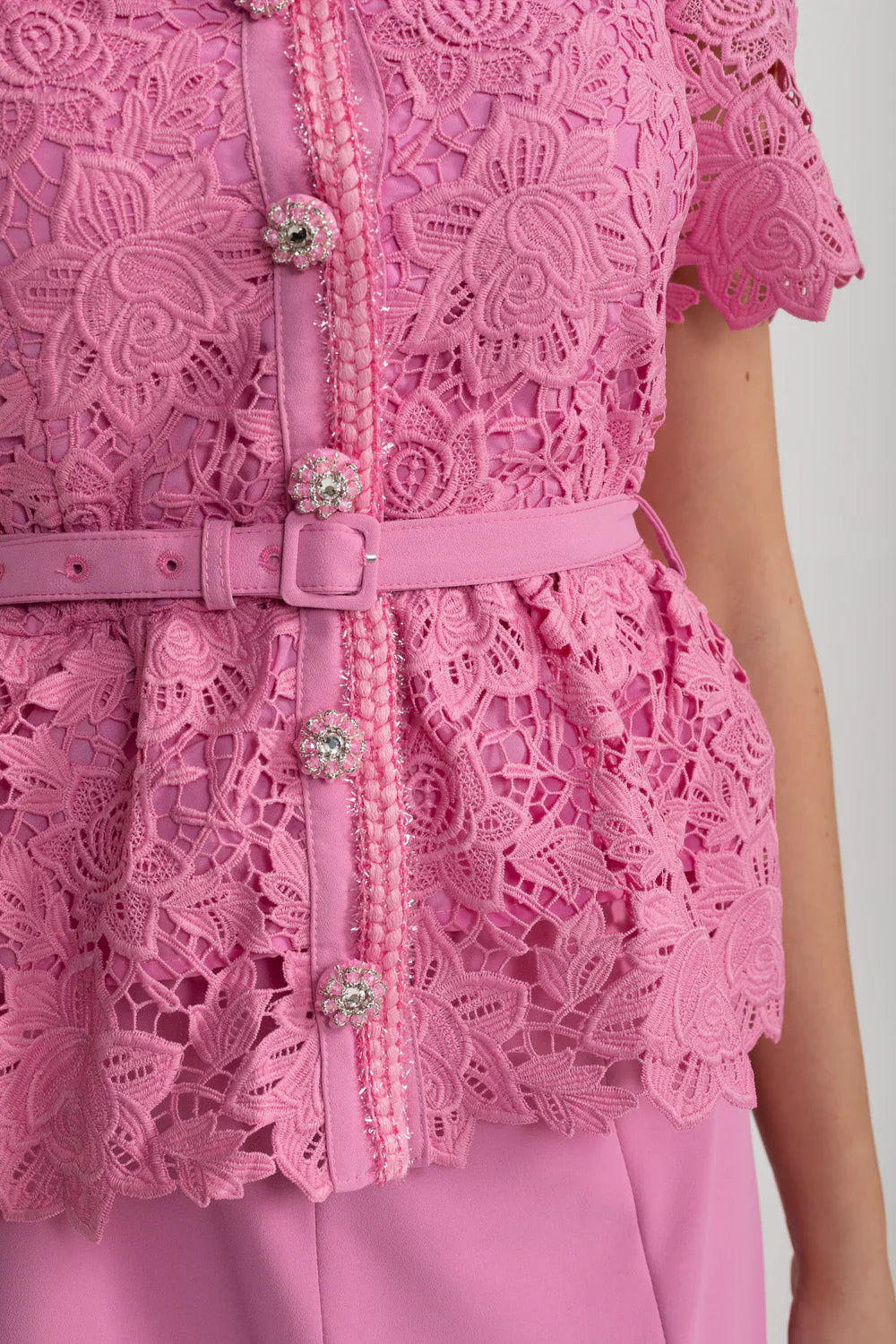 Elegant Dress With Lace Top, Matching Belt And Coordinated Skirt - Pink