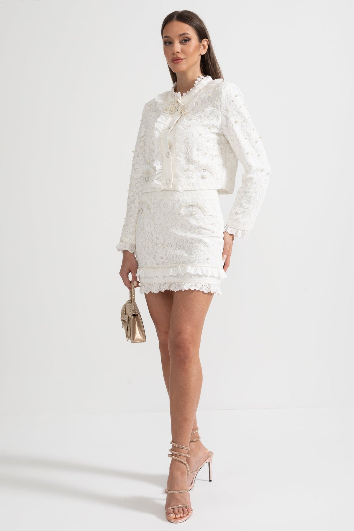 Elegant Two-Piece Ensemble With Exquisite Pearl Embellishments - White