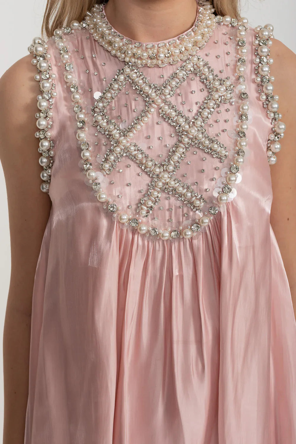 Elegant A-Line Sleeveless Dress With Intricate Pearl And Crystal Embellishments - Pink