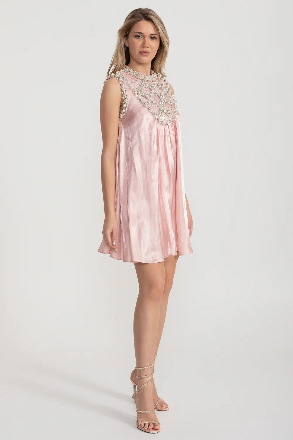 Elegant A-Line Sleeveless Dress With Intricate Pearl And Crystal Embellishments - Pink