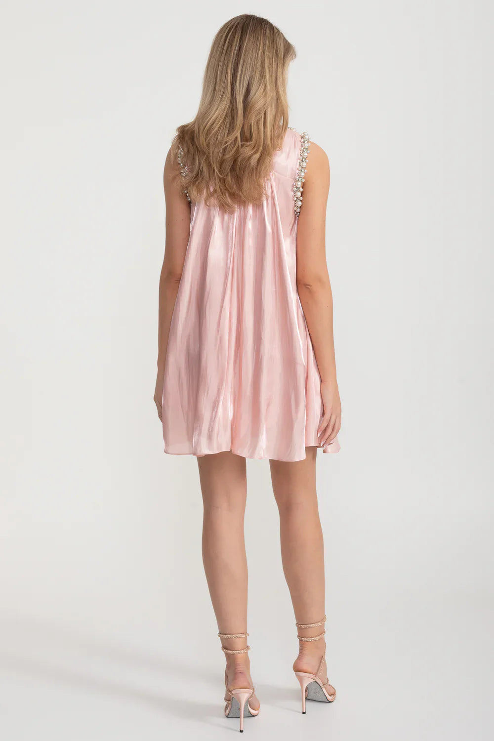 Elegant A-Line Sleeveless Dress With Intricate Pearl And Crystal Embellishments - Pink