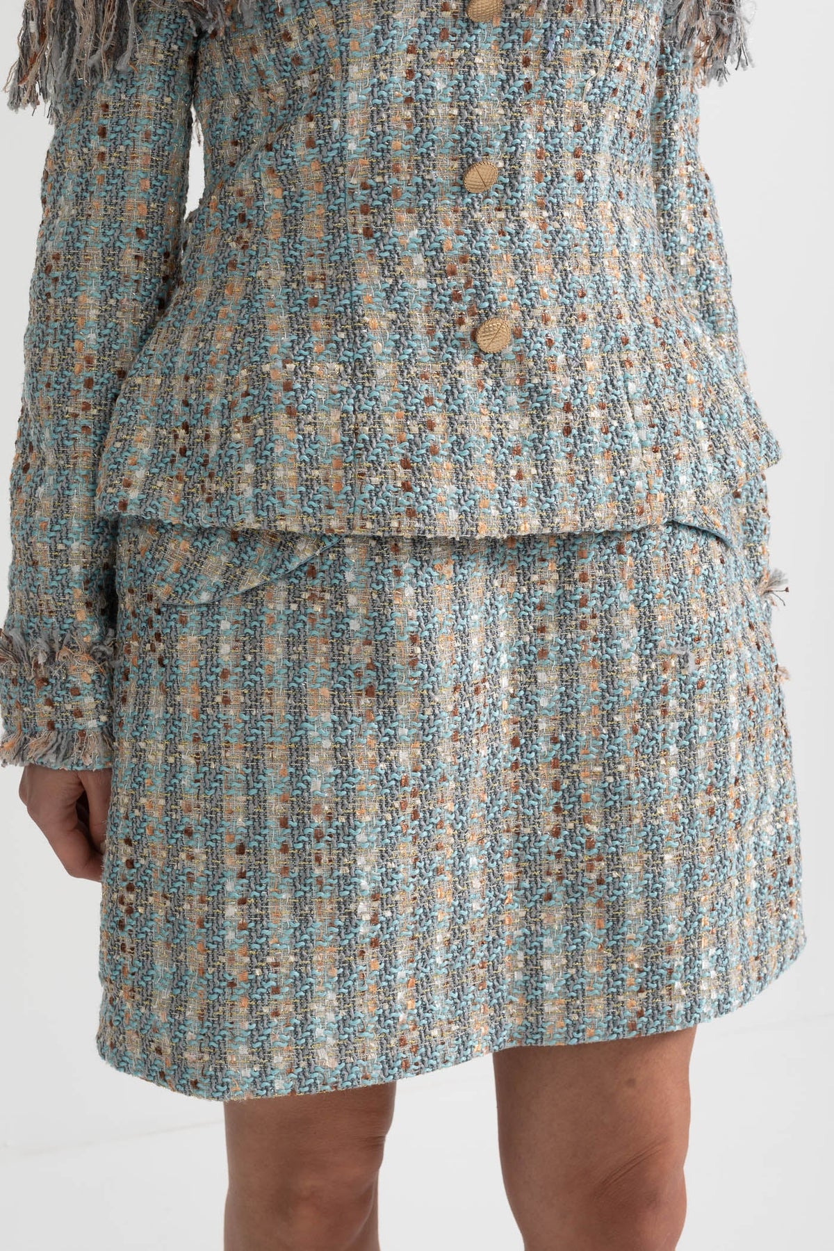 Plaid Tweed Set With Off-Shoulder Top And Coordinated Mini Skirt - Blue