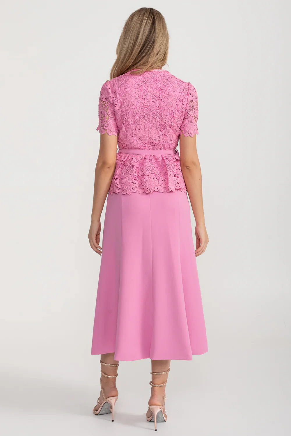 Elegant Dress With Lace Top, Matching Belt And Coordinated Skirt - Pink
