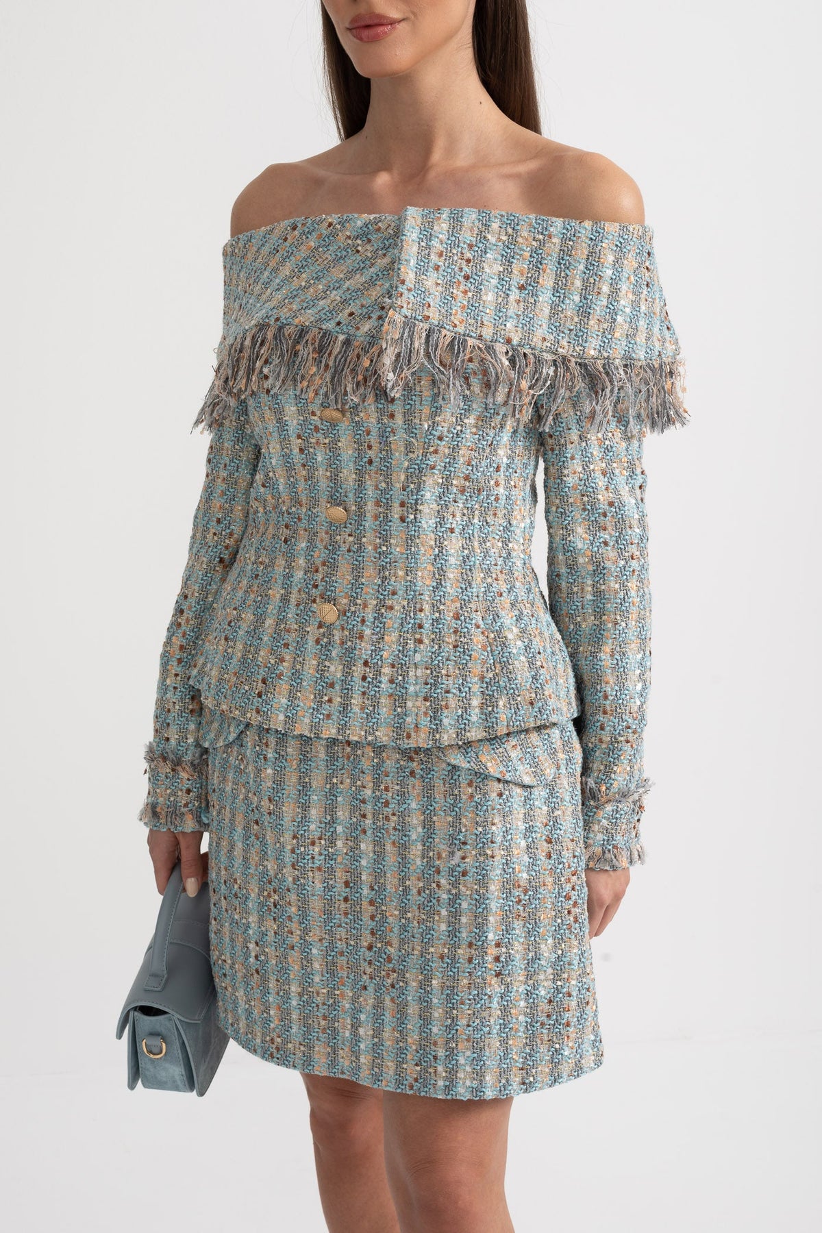 Plaid Tweed Set With Off-Shoulder Top And Coordinated Mini Skirt - Blue