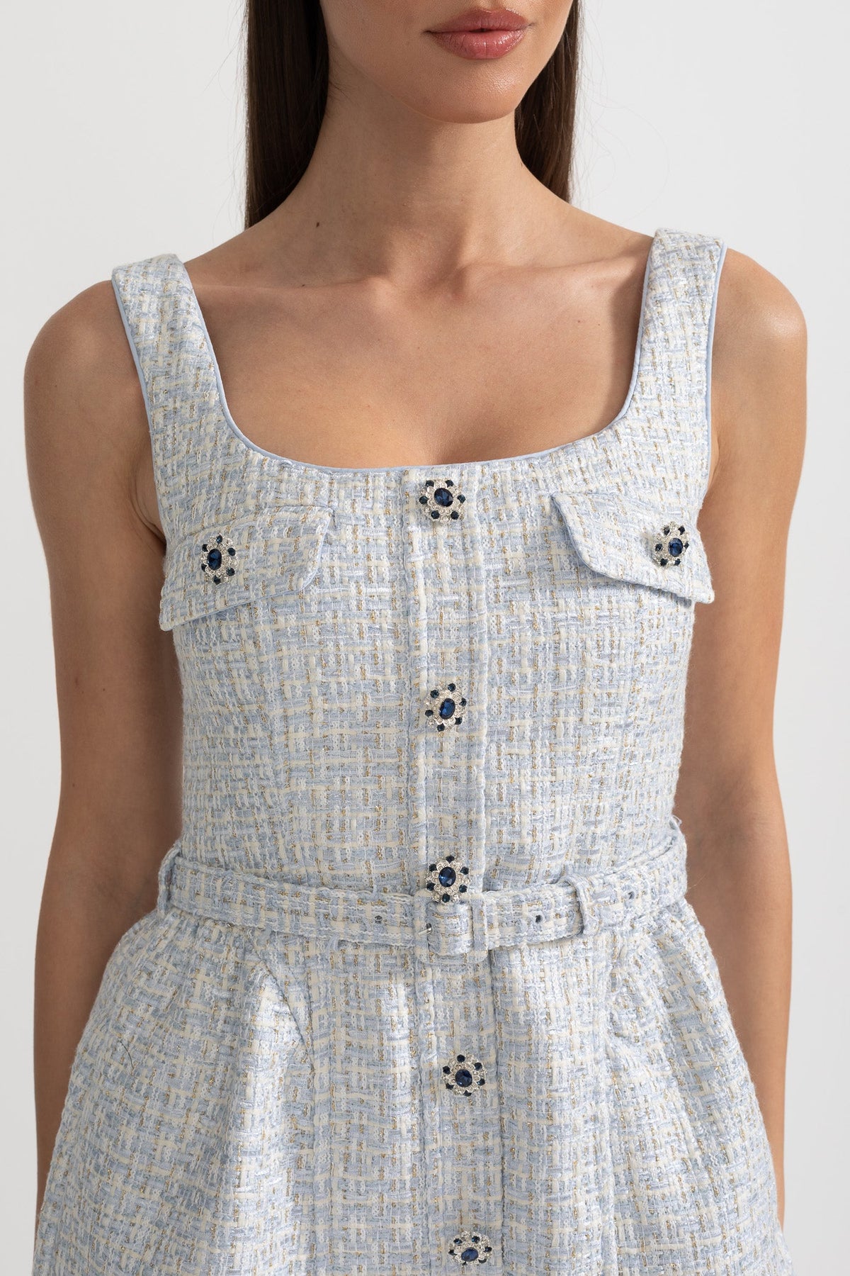 Textured Mini Dress With Fitted Bodice And Contrasting Buttons - Light Blue