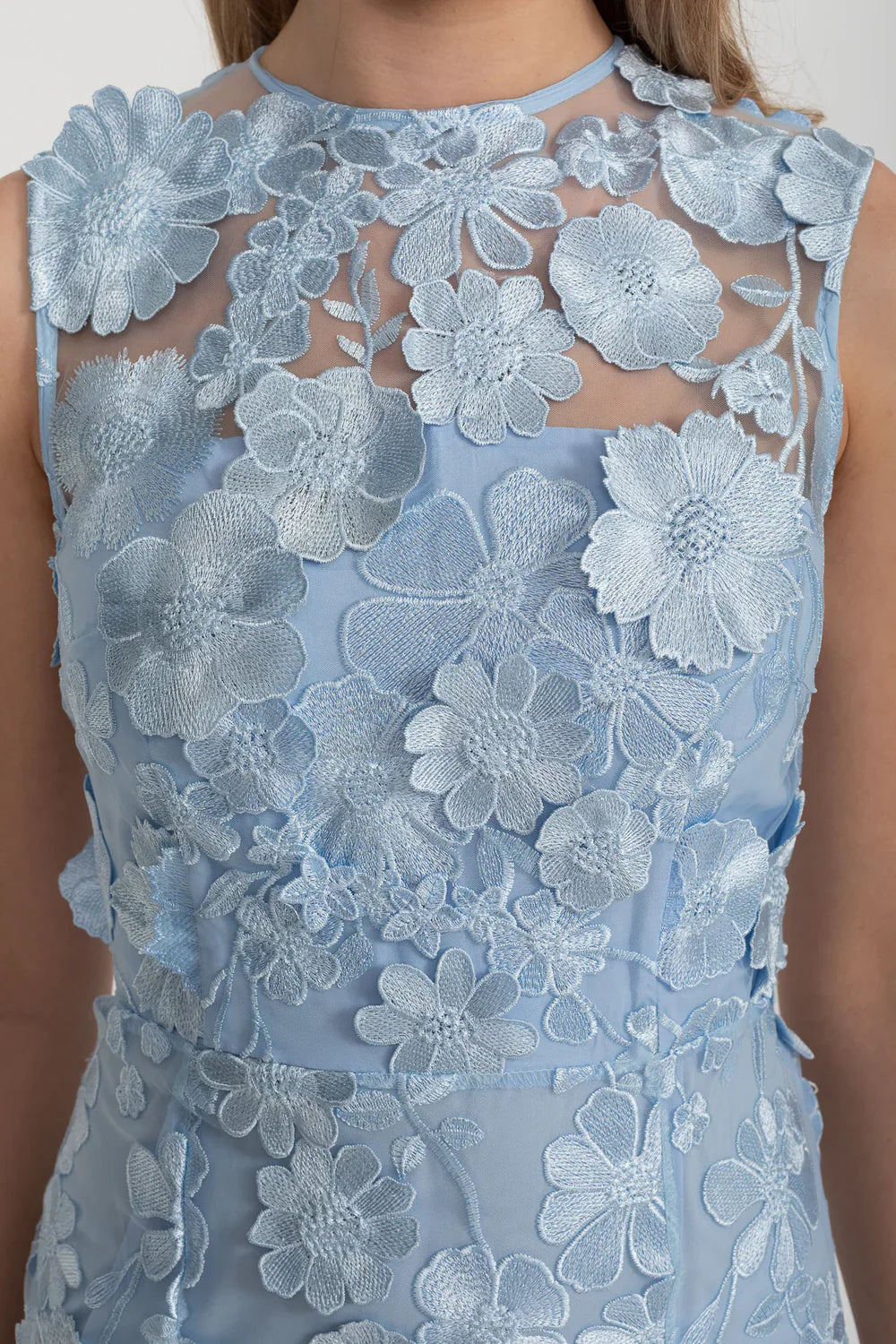 Sheer Dress With Fitted Waist And Floral Appliques - Light Blue
