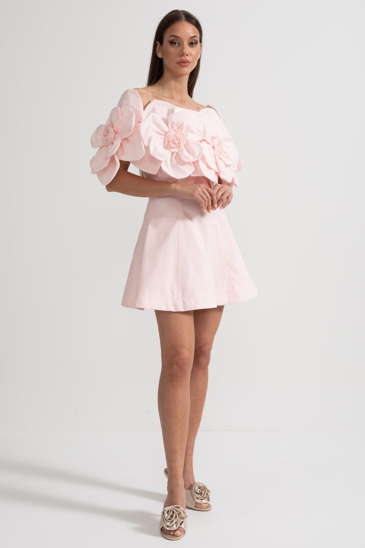 Off-Shoulder Mini Dress With Large Fabric Floral Accents - Pink