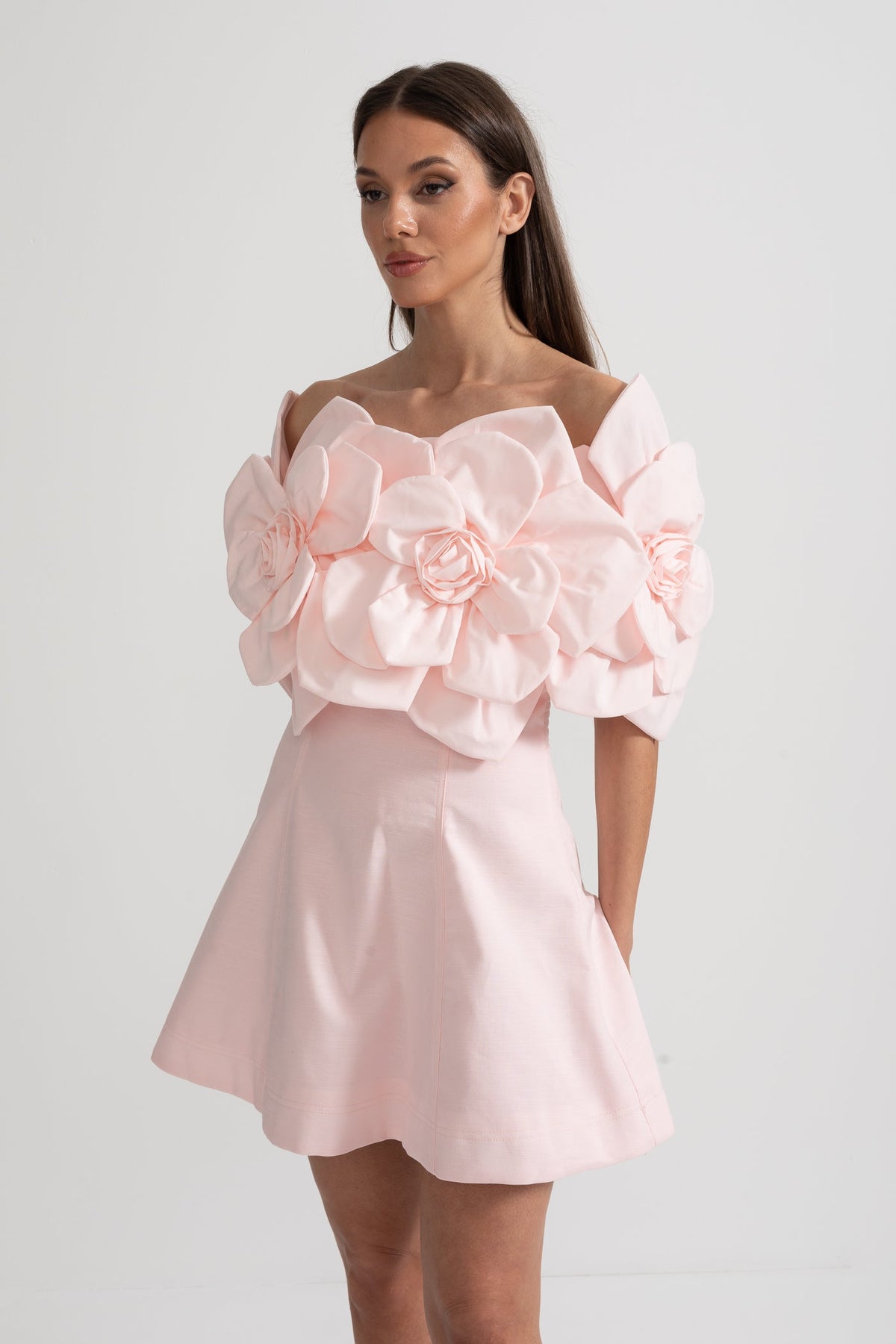 Off-Shoulder Mini Dress With Large Fabric Floral Accents - Pink