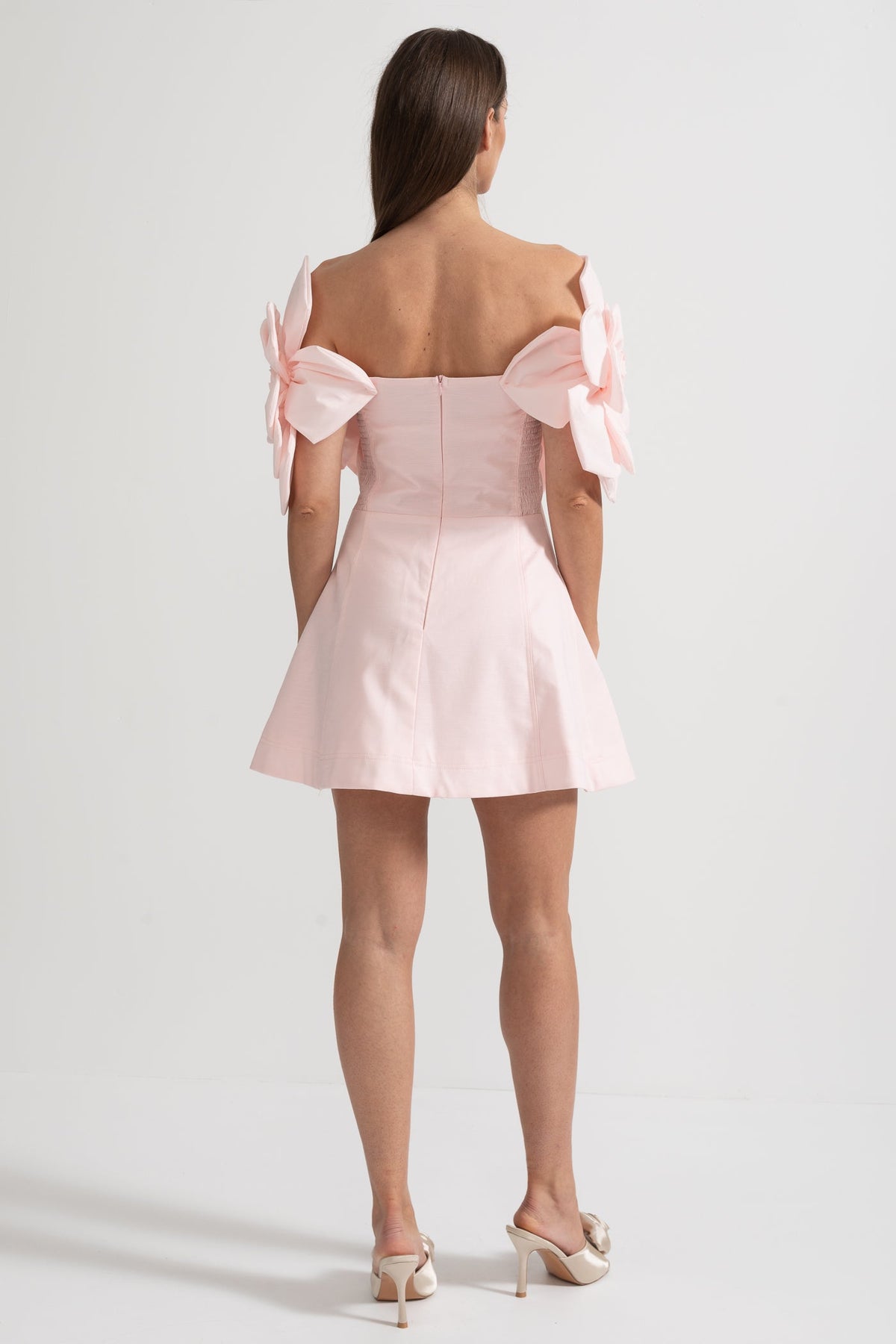 Off-Shoulder Mini Dress With Large Fabric Floral Accents - Pink