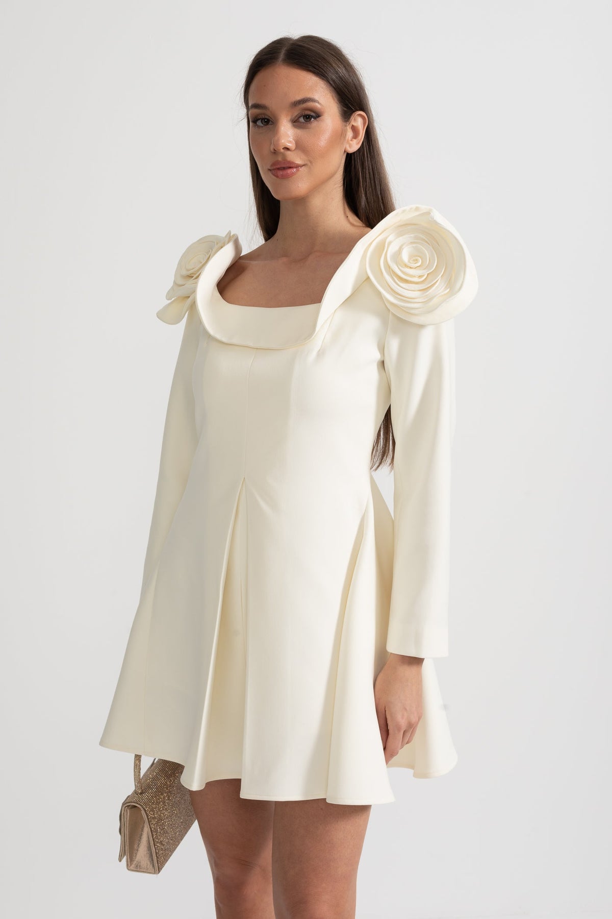 Elegant Mini Dress With Square Neckline, 3D Floral Appliques And Flared Skirt - Ivoire