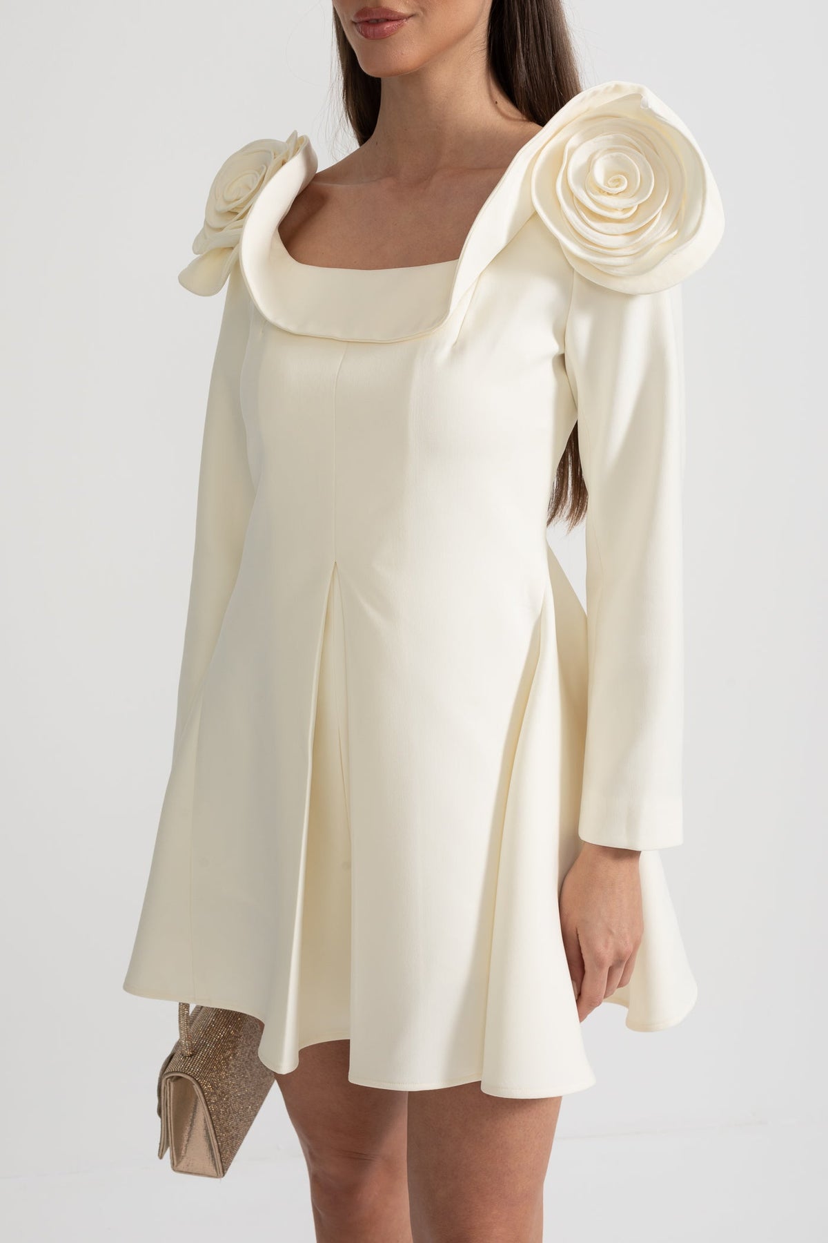 Elegant Mini Dress With Square Neckline, 3D Floral Appliques And Flared Skirt - Ivoire