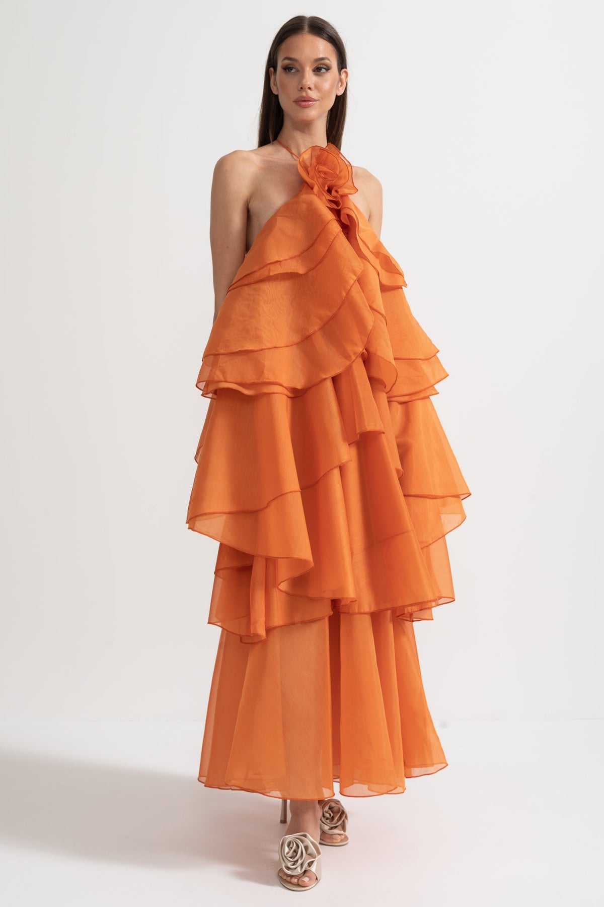 Layered Ruffle Halter Dress With Decorative Neckline Flower - Orange