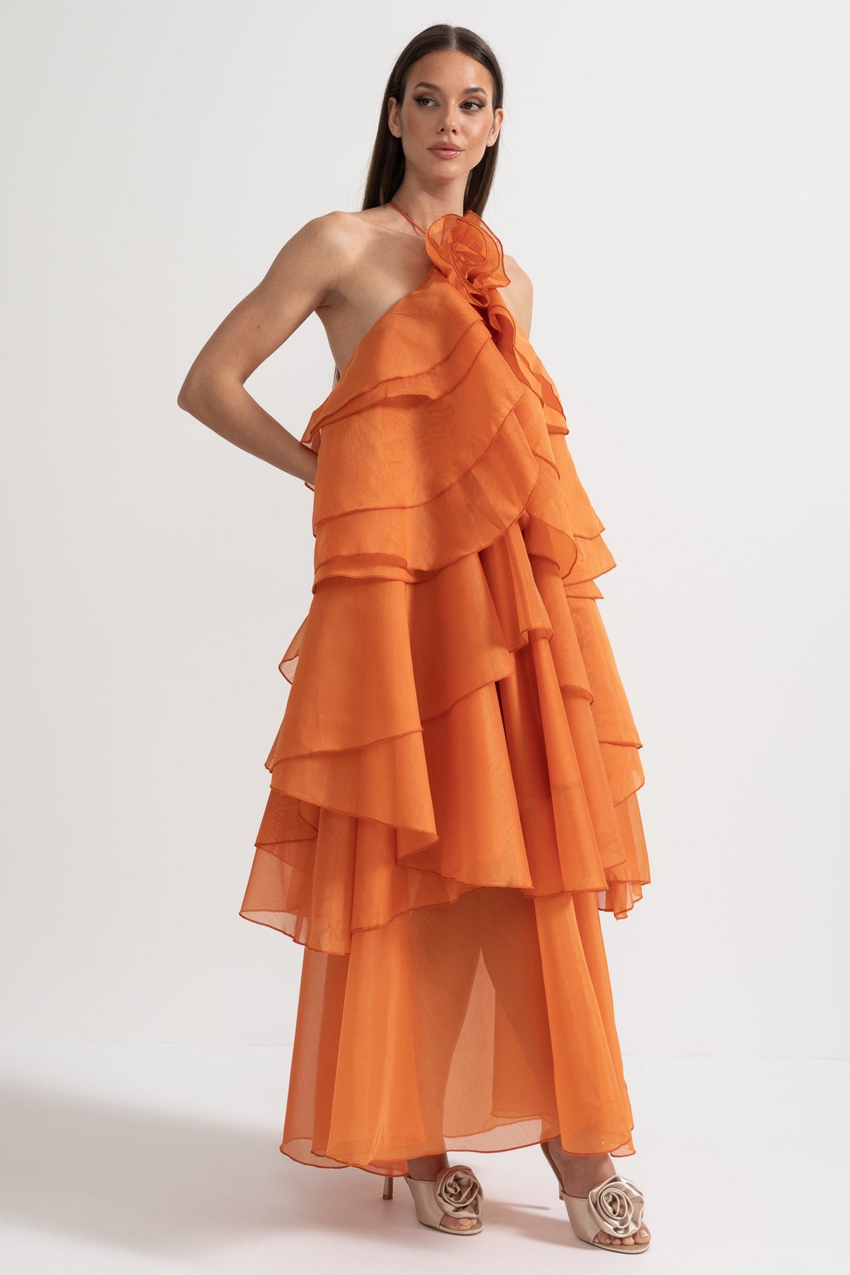 Layered Ruffle Halter Dress With Decorative Neckline Flower - Orange