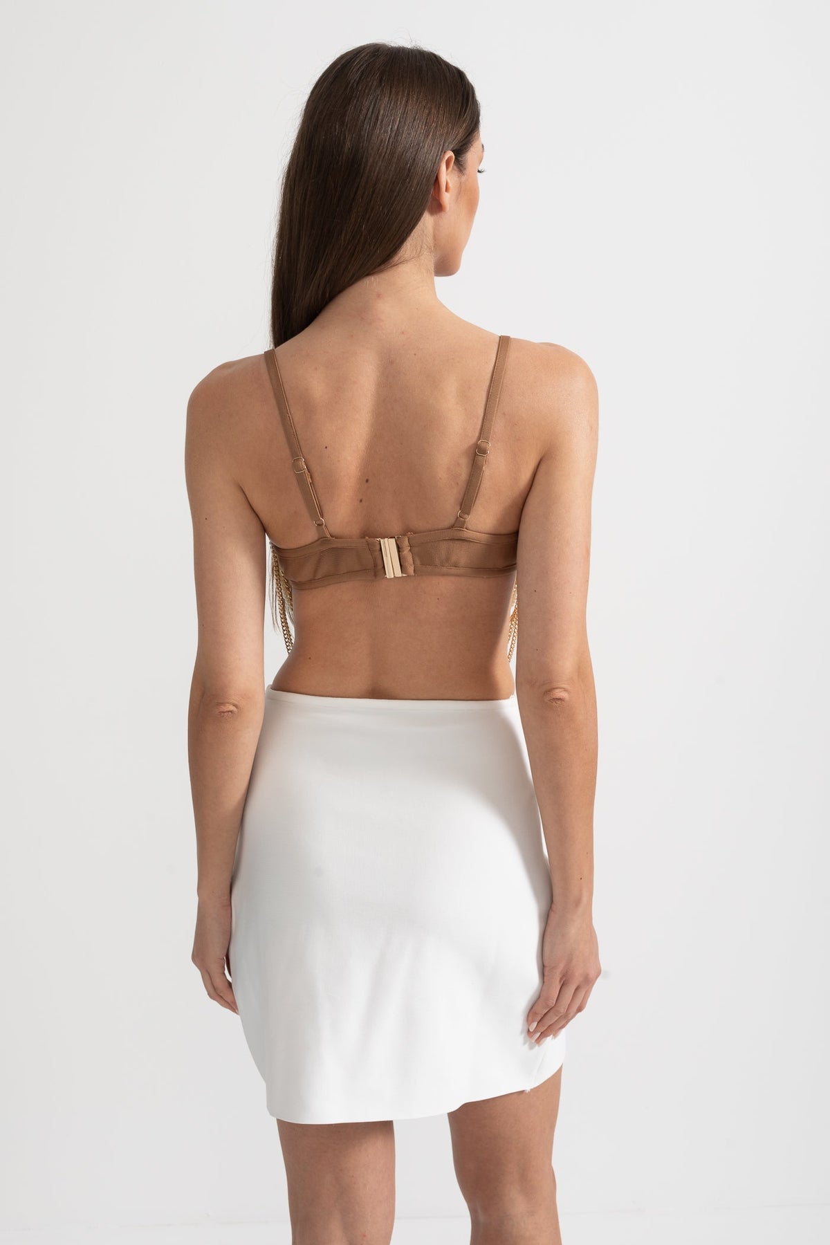 Pearls And Chains Embellished Set With Contrasting Top And Mini Skirt - Gold/White