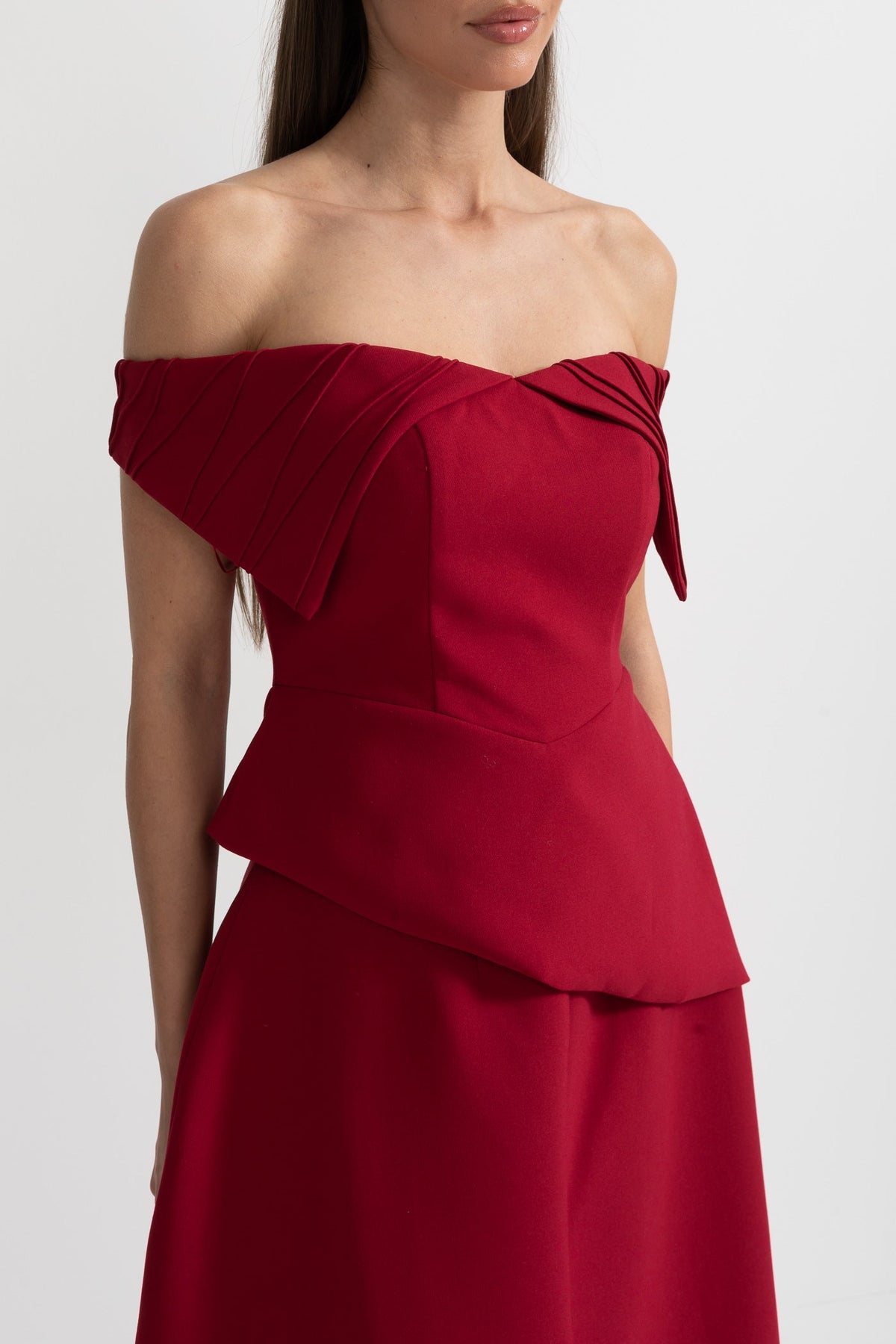 Off-Shoulder Set With Pleated Detail Top And Midi Skirt With Front Slit Accent - Red