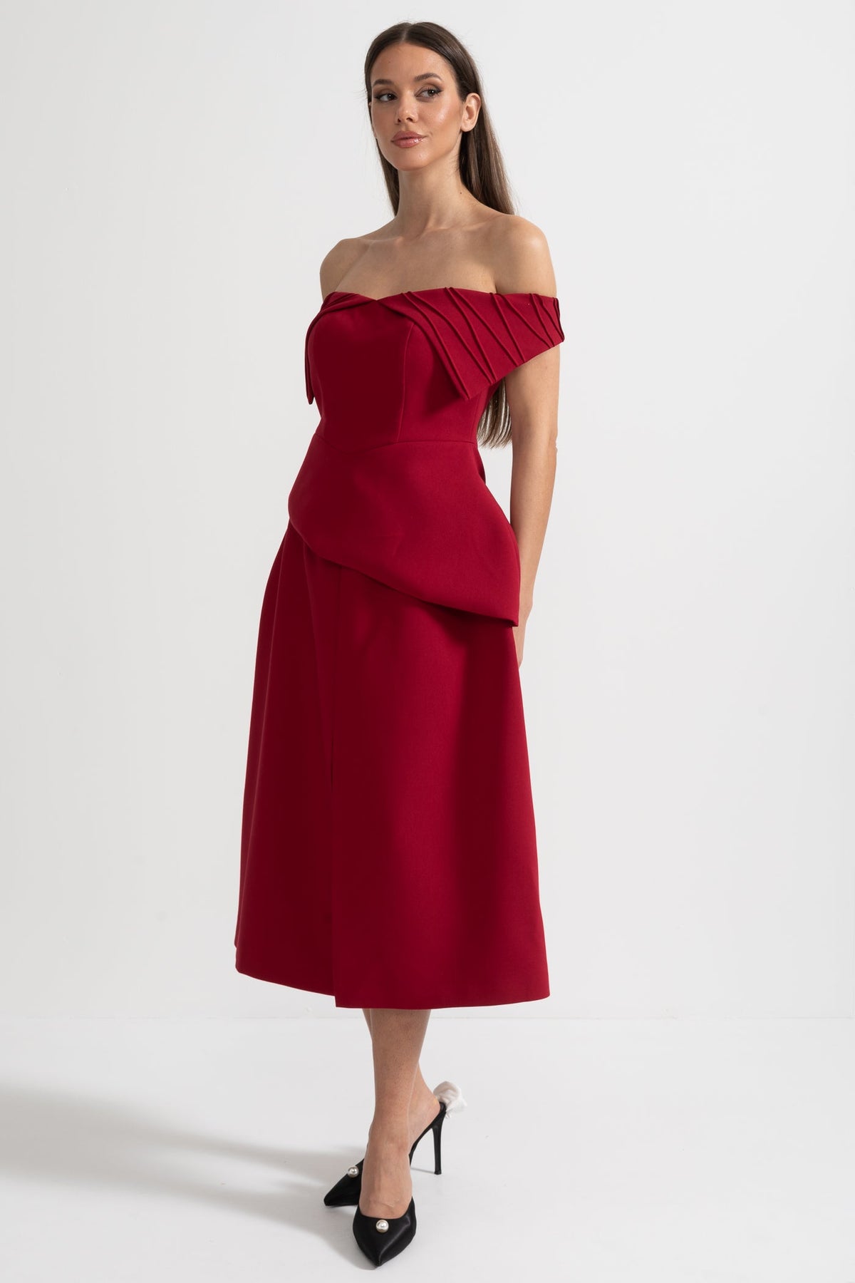 Off-Shoulder Set With Pleated Detail Top And Midi Skirt With Front Slit Accent - Red
