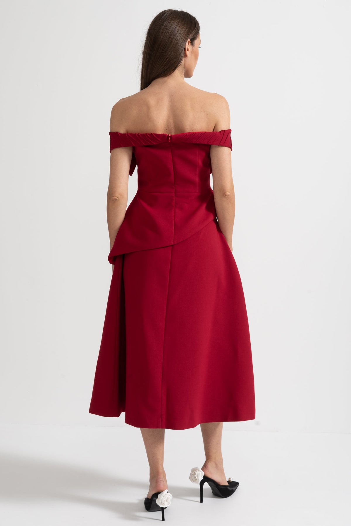 Off-Shoulder Set With Pleated Detail Top And Midi Skirt With Front Slit Accent - Red