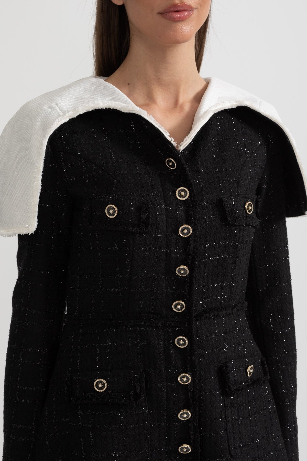 Long Sleeved Textured Tweed Dress With Distinctive Large Shoulder Flaps - Black