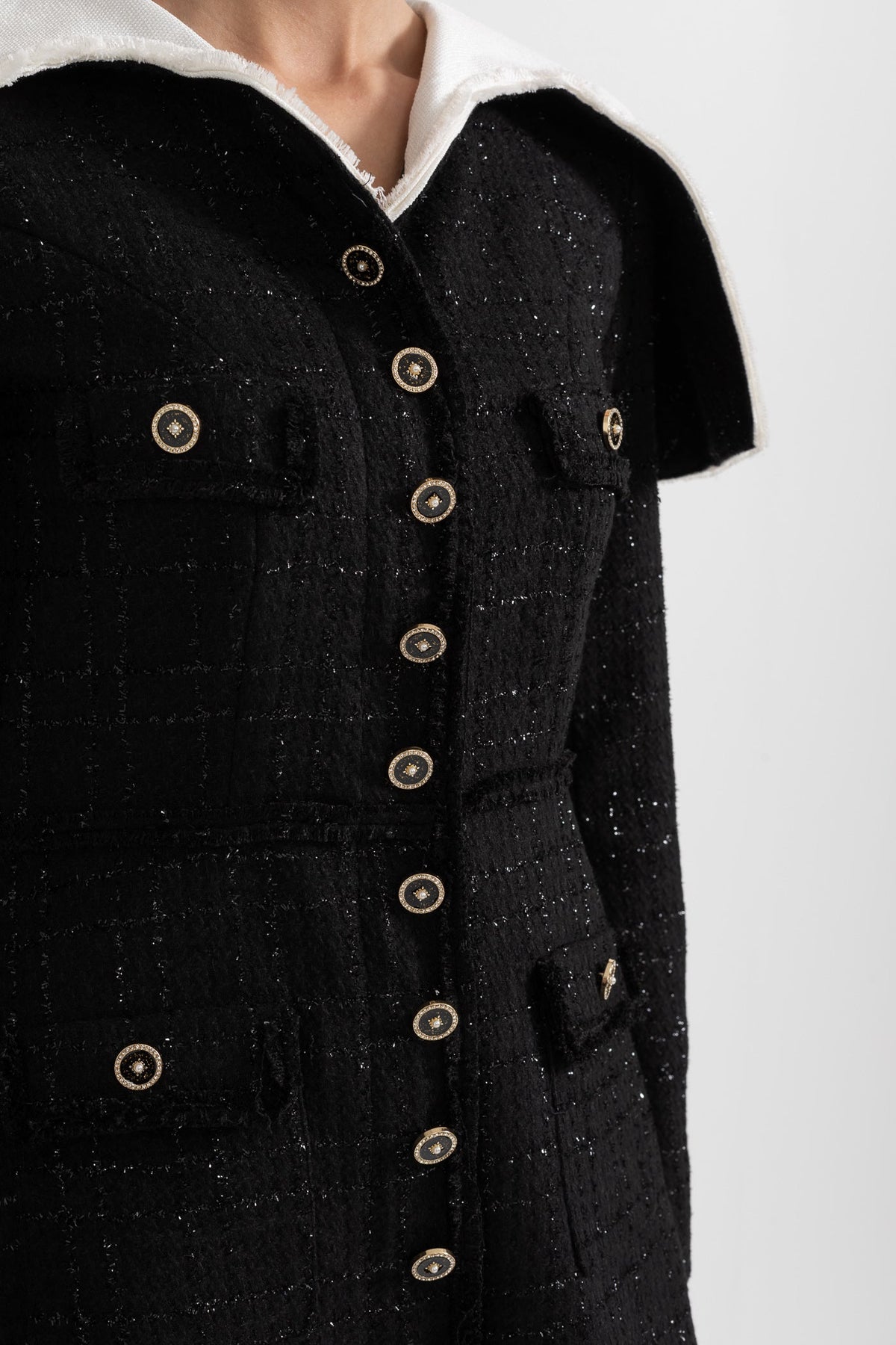 Long Sleeved Textured Tweed Dress With Distinctive Large Shoulder Flaps - Black
