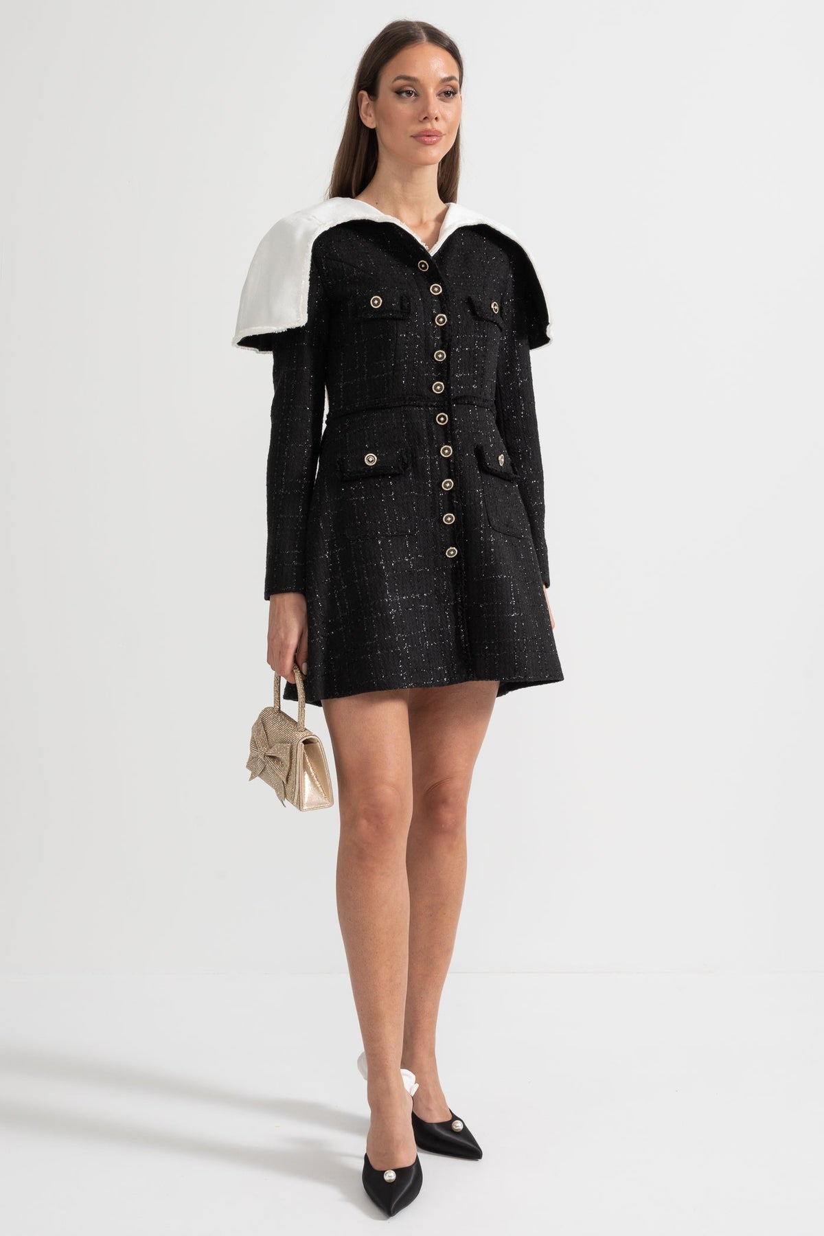 Long Sleeved Textured Tweed Dress With Distinctive Large Shoulder Flaps - Black
