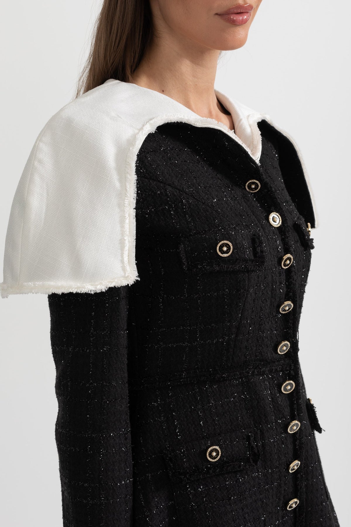 Long Sleeved Textured Tweed Dress With Distinctive Large Shoulder Flaps - Black