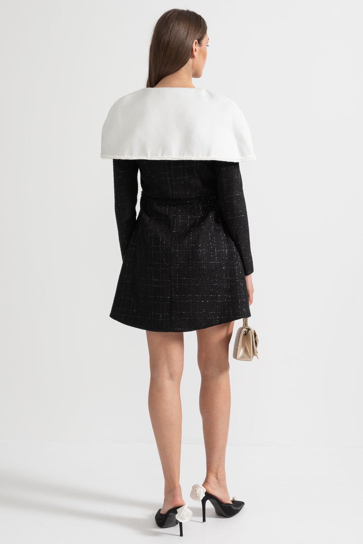 Long Sleeved Textured Tweed Dress With Distinctive Large Shoulder Flaps - Black
