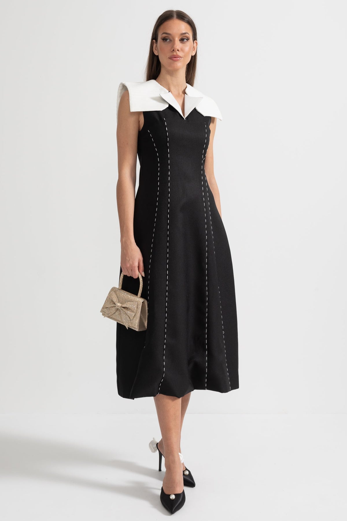 Contrasting Stitch Sleeveless Midi Dress With Oversized White Shoulders - Black