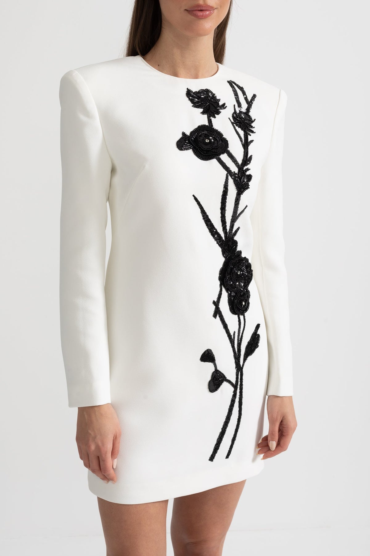 Long Sleeved Mini Dress With Contrasting Floral Embroidery - White